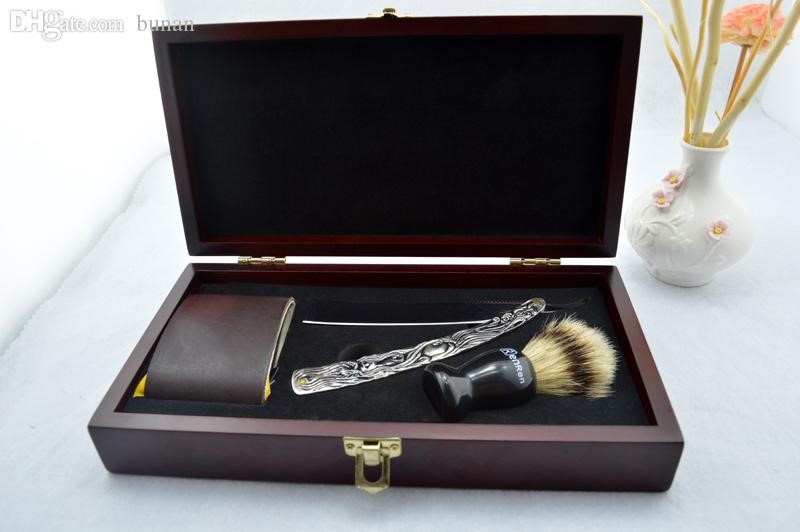  Wholesale-Men's "Sweeney Todd" Straight Razor Bristles Shaving Brush Strop Stainless Steel Wooden Box Gift Set